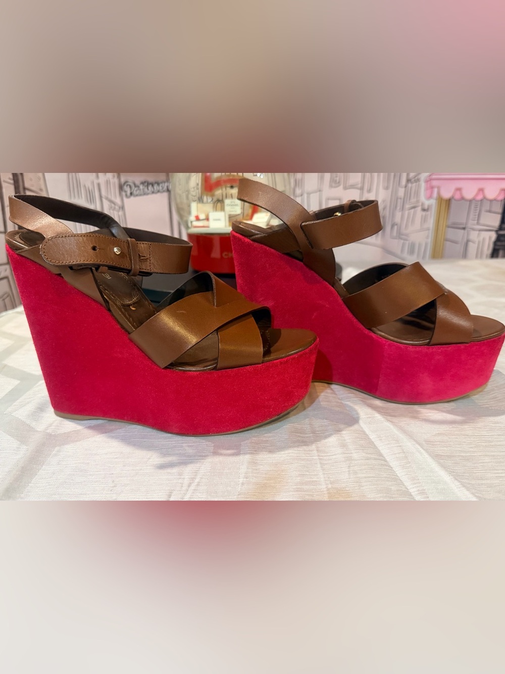 Sergio Rossi Brown Leather Sandal Wedges with Fuchsia Suede Platform